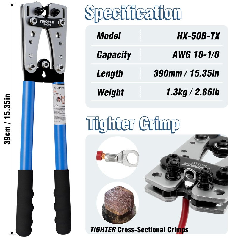 Tivorex Battery Cable Lug Crimping Tool for AWG 8-1/0 Electrical Lug  with Cable Cutter 64pcs Ring Terminals and 70pcs Heat Shrink Tubing - Image 5